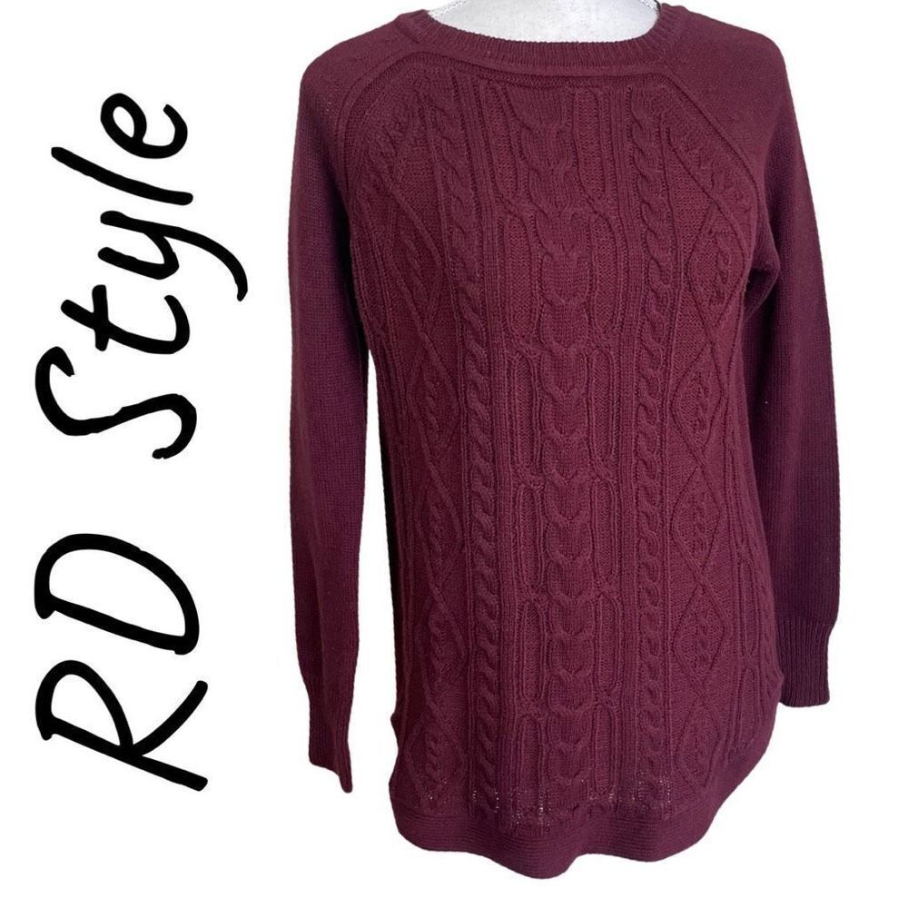 RD STYLE wine color, cable knit sweater, Cotton/ Acrylic blend , Size XS